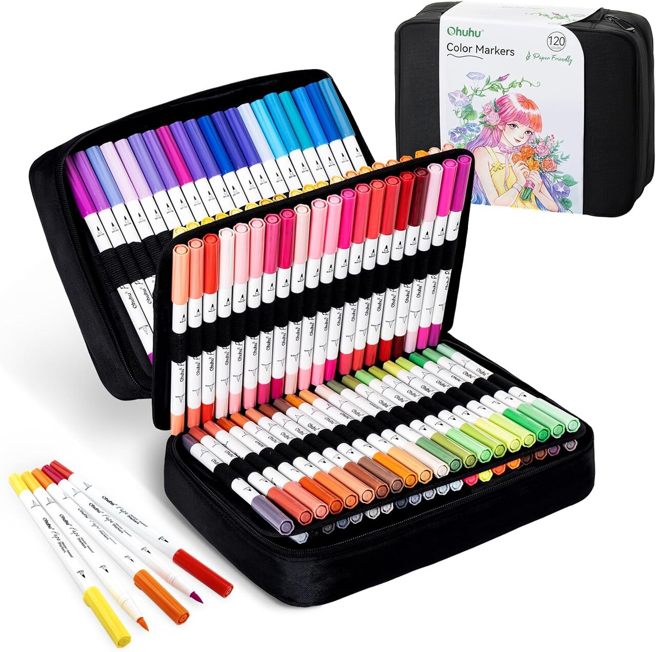 Ohuhu Markers Paper-friendly No Peeling Water-based 120 Colors Dual Brush Fineliner Tips Markers for Adult Coloring Books No Bleeding Drawing Pens for Kids Beginner Calligraphy - Pupe
